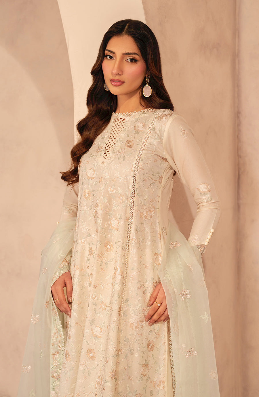 Embroidered Lawn Frock with Organza Sleeves and Dupatta