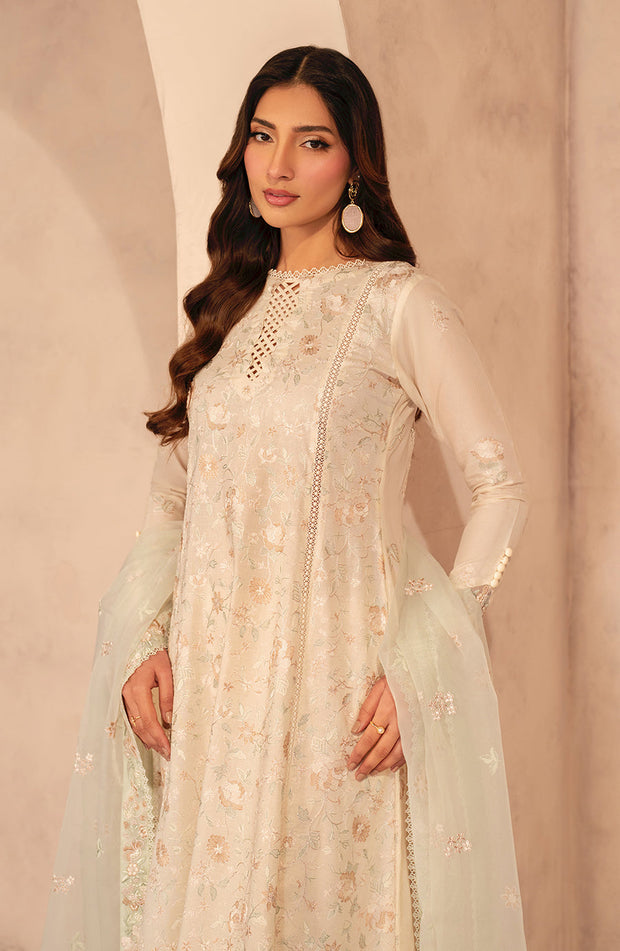 Embroidered Lawn Frock with Organza Sleeves and Dupatta