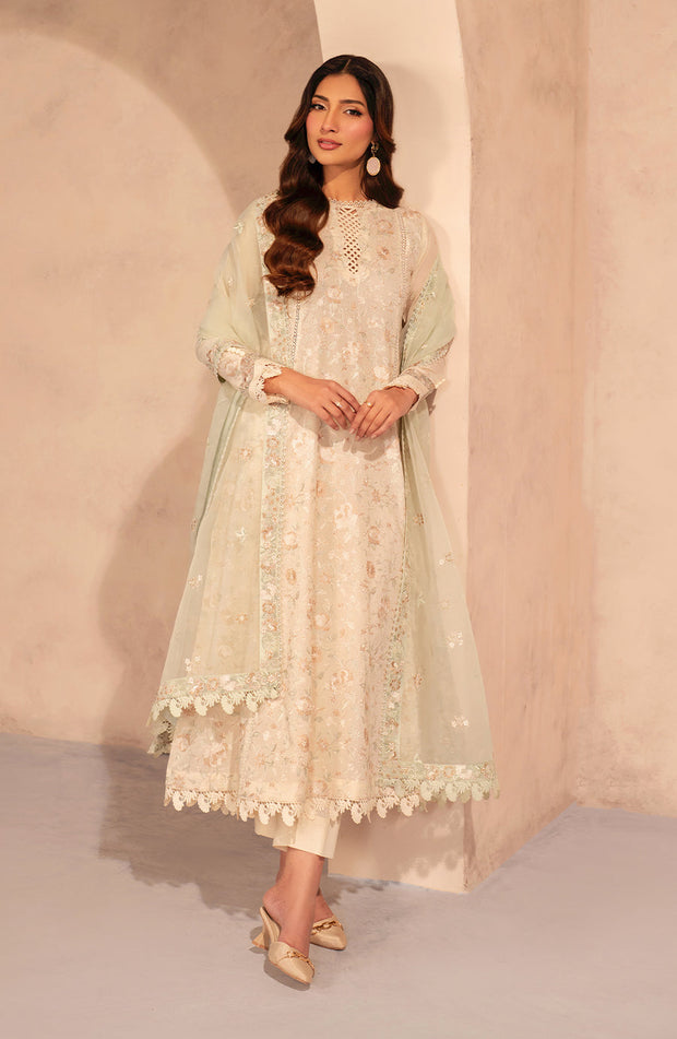Embroidered Lawn Frock with Organza Sleeves and Dupatta