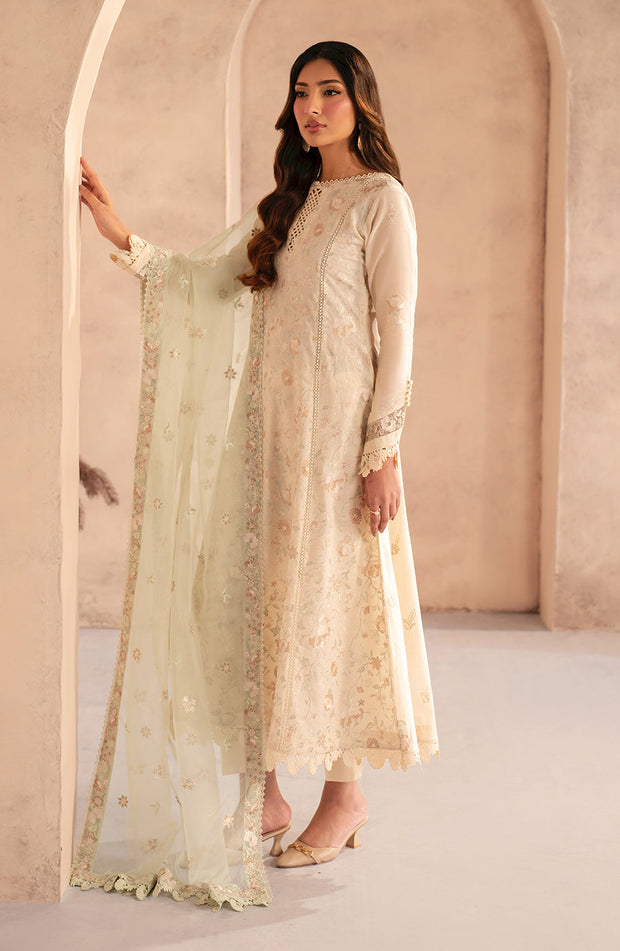 Embroidered Lawn Frock with Organza Sleeves and Dupatta