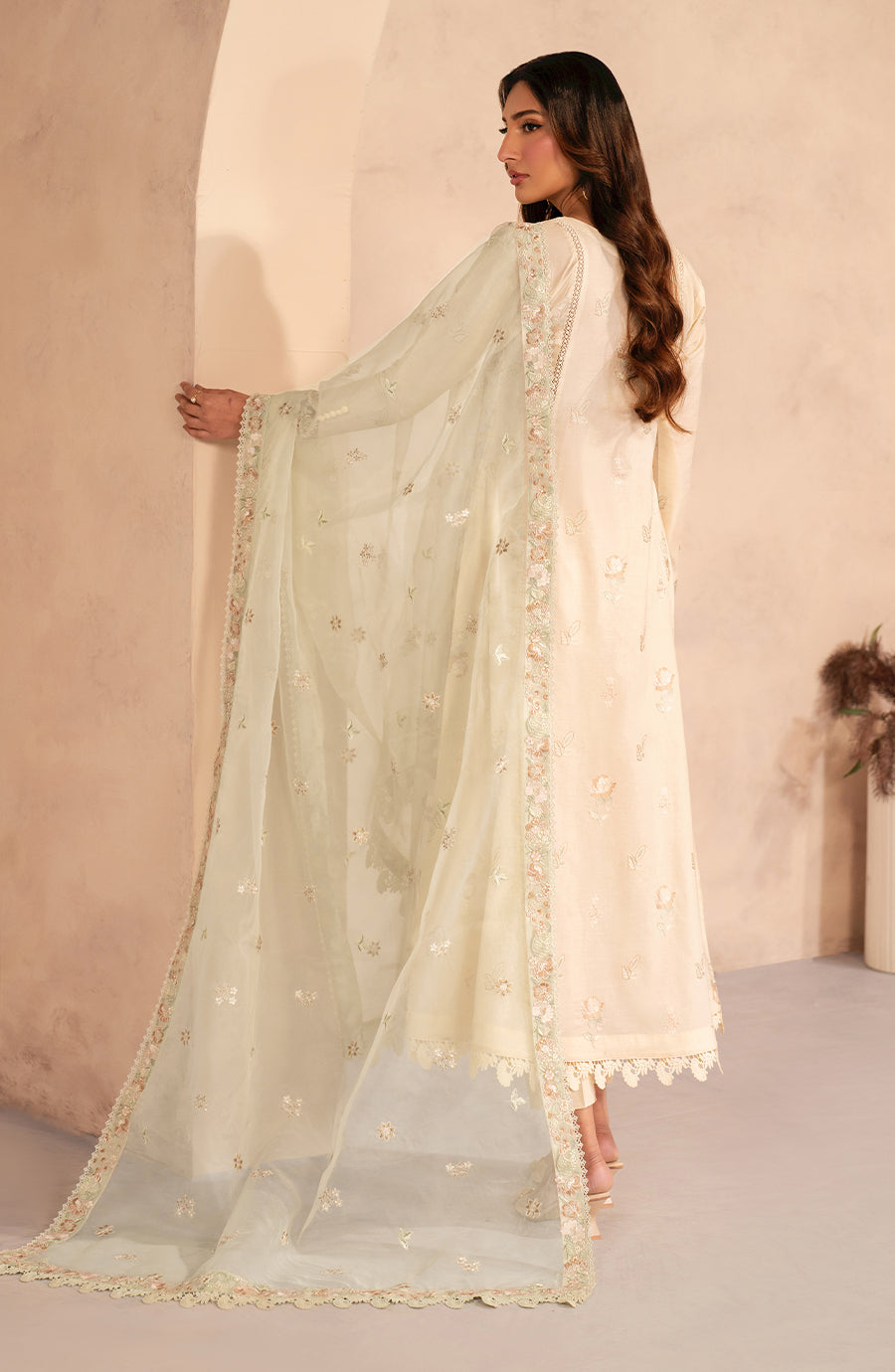 Embroidered Lawn Frock with Organza Sleeves and Dupatta