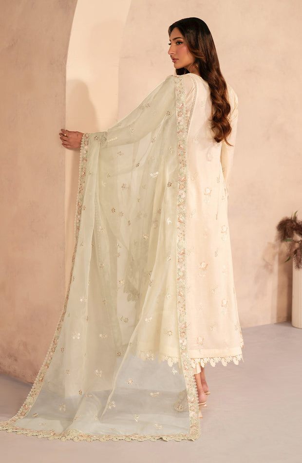 Embroidered Lawn Frock with Organza Sleeves and Dupatta