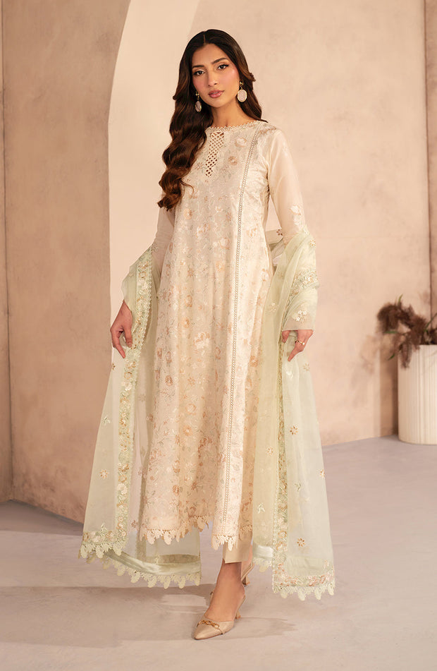 Embroidered Lawn Frock with Organza Sleeves and Dupatta