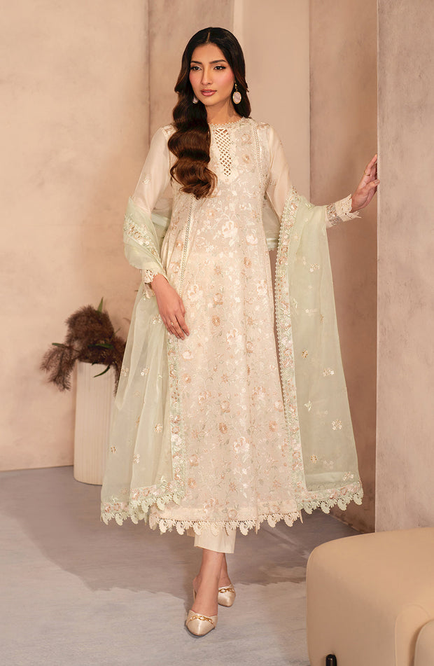 Embroidered Lawn Frock with Organza Sleeves and Dupatta