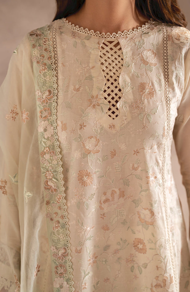 Embroidered Lawn Frock with Organza Sleeves and Dupatta