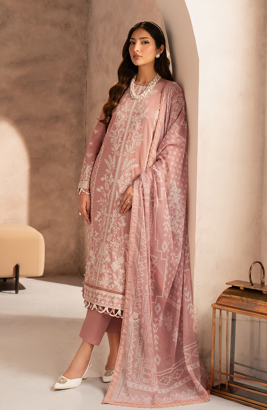 Elegant Embroidered Chikan Kari Lawn Shirt in White