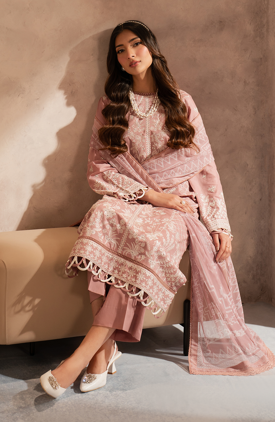 Elegant Embroidered Chikan Kari Lawn Shirt in White