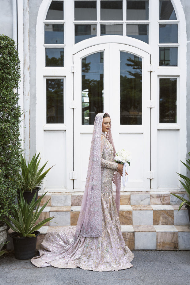 Icy Pink Net Pakistani Bridal Outfit with Exquisite Embroidery