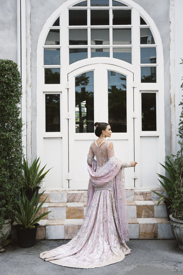 Icy Pink Net Pakistani Bridal Outfit with Exquisite Embroidery