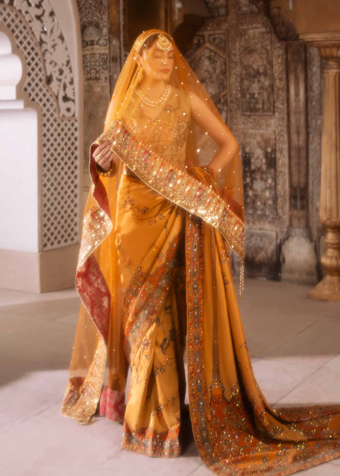 Mustard Pakistani Wedding Dress with Persian Shikargah Print