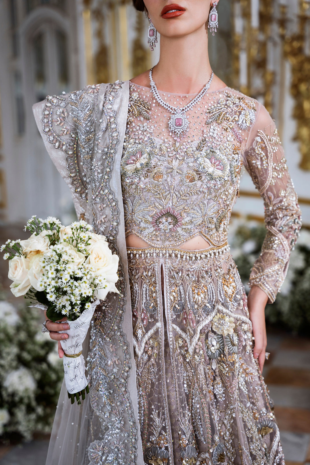 Light Mauve Pakistani Bridal Dress with Exquisite Embroidery