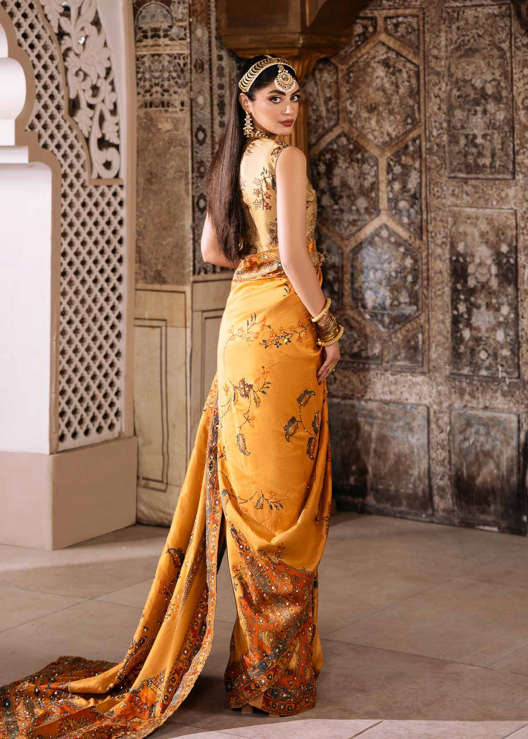 Mustard Pakistani Wedding Dress with Persian Shikargah Print