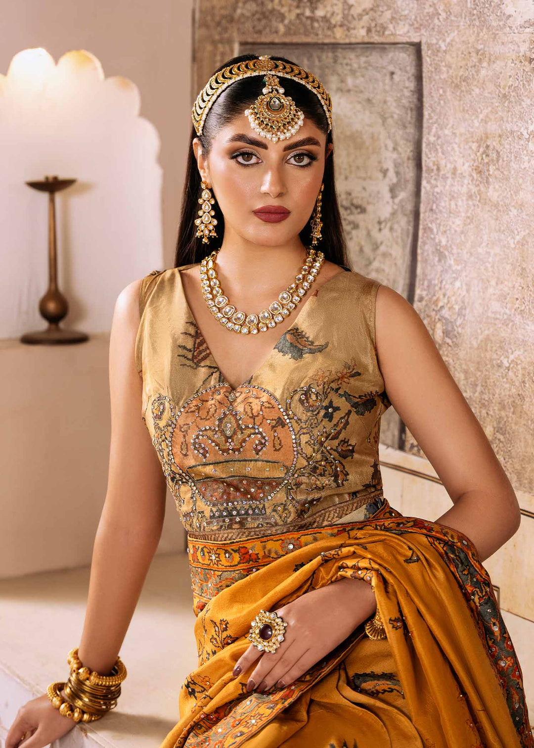 Mustard Pakistani Wedding Dress with Persian Shikargah Print