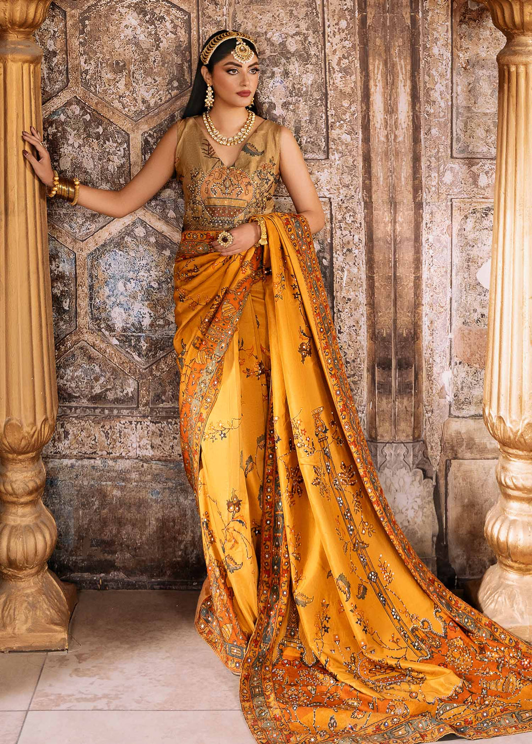 Mustard Pakistani Wedding Dress with Persian Shikargah Print