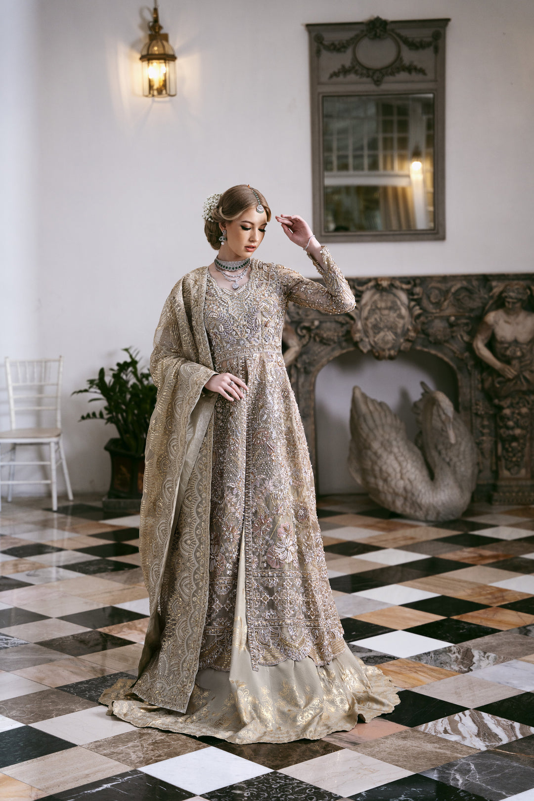 Pale Brown Pakistani Bridal Dress with Exquisite Embroidery