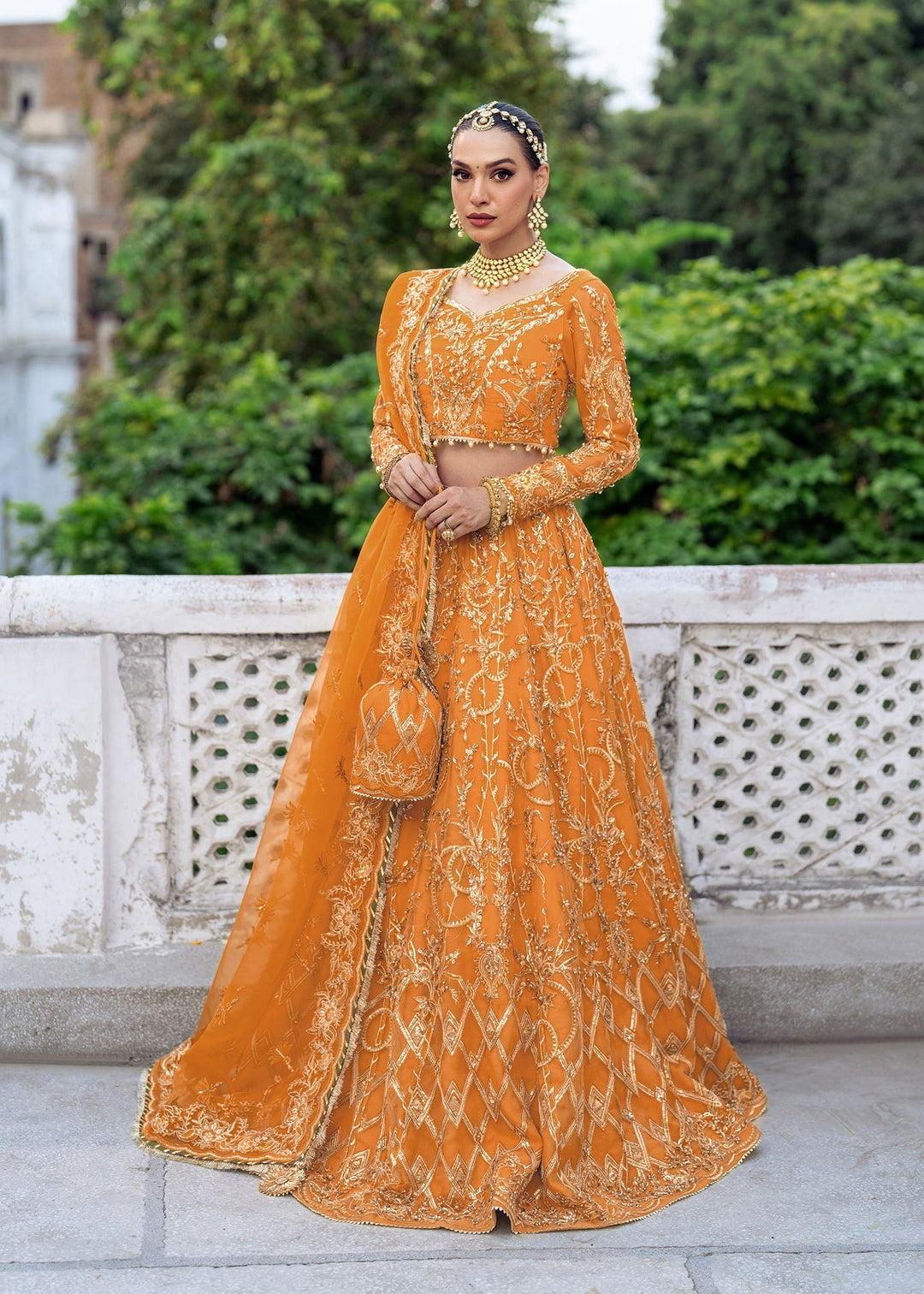 Stunning Tangerine Pakistani Bridal Dress for Mehndi