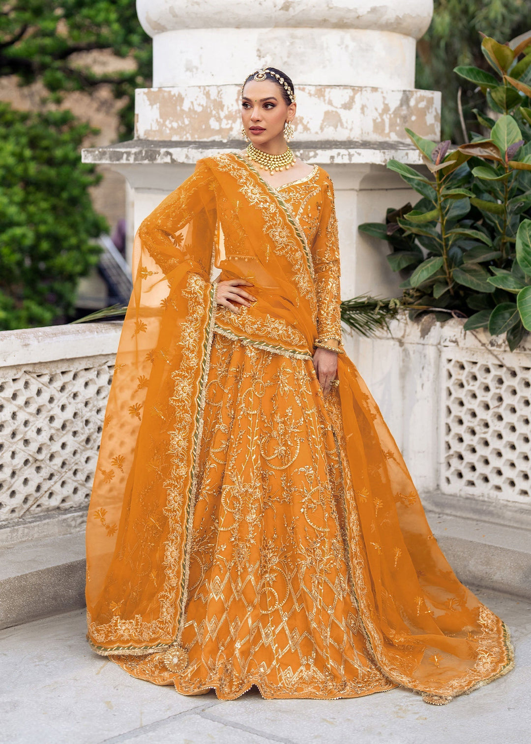 Stunning Tangerine Pakistani Bridal Dress for Mehndi