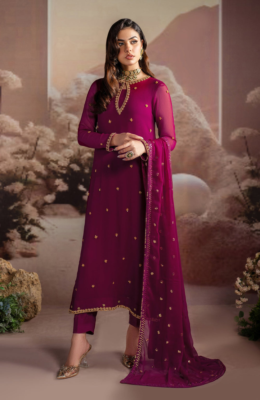 Elegant Embroidered Chiffon Suit with Raw Silk Trouser