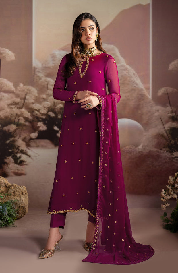 Elegant Embroidered Chiffon Suit with Raw Silk Trouser
