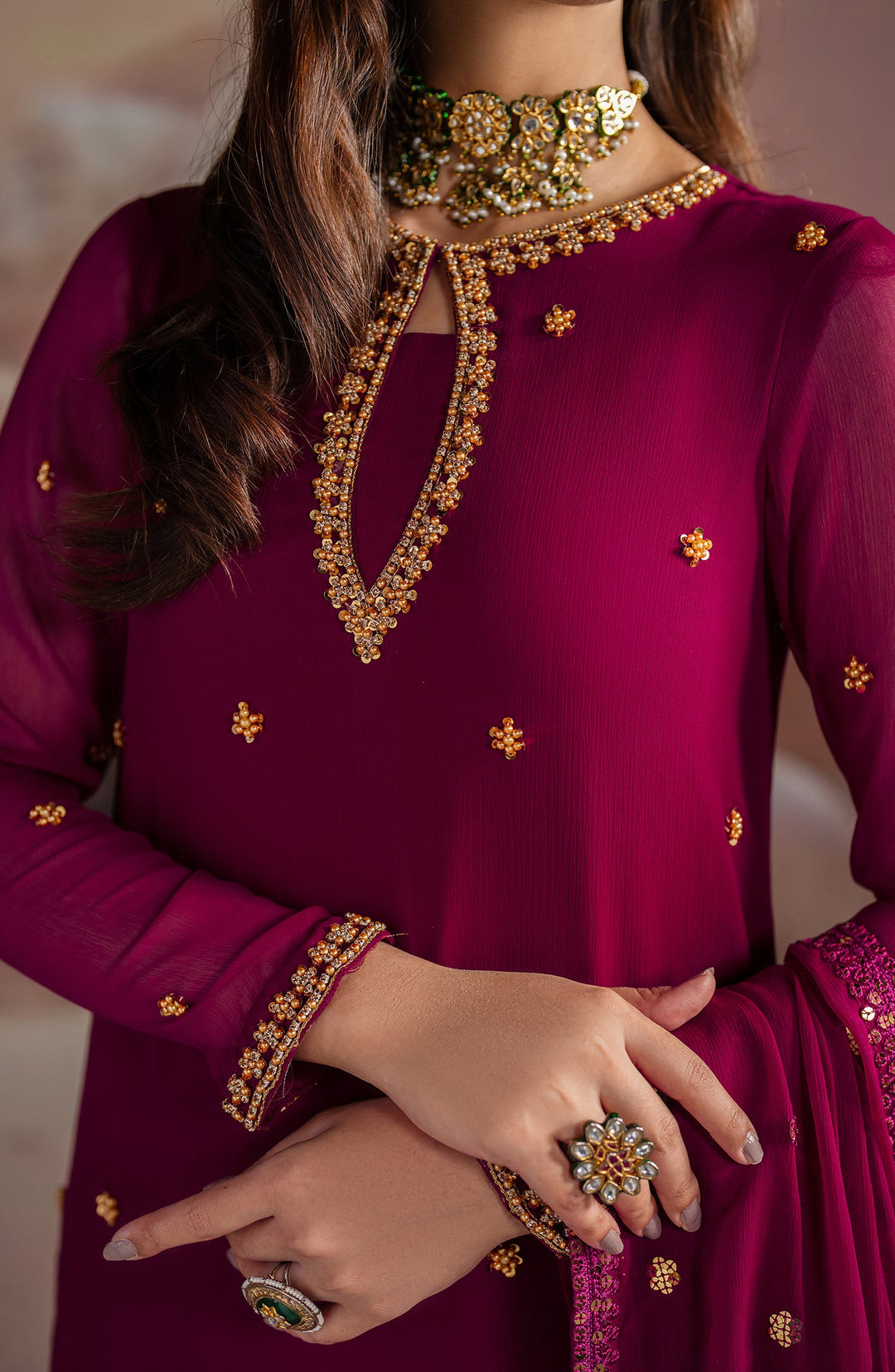 Elegant Embroidered Chiffon Suit with Raw Silk Trouser
