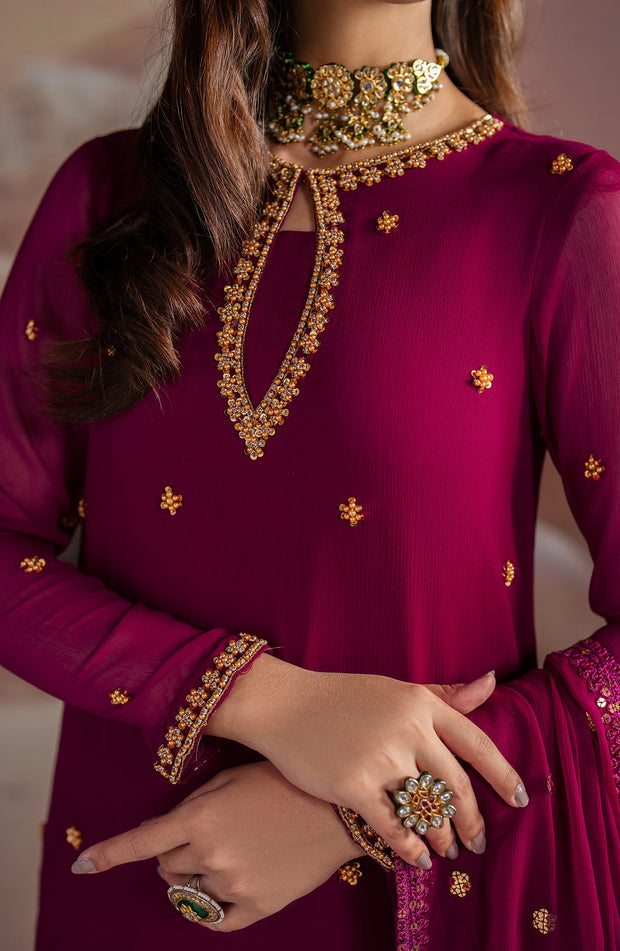 Elegant Embroidered Chiffon Suit with Raw Silk Trouser