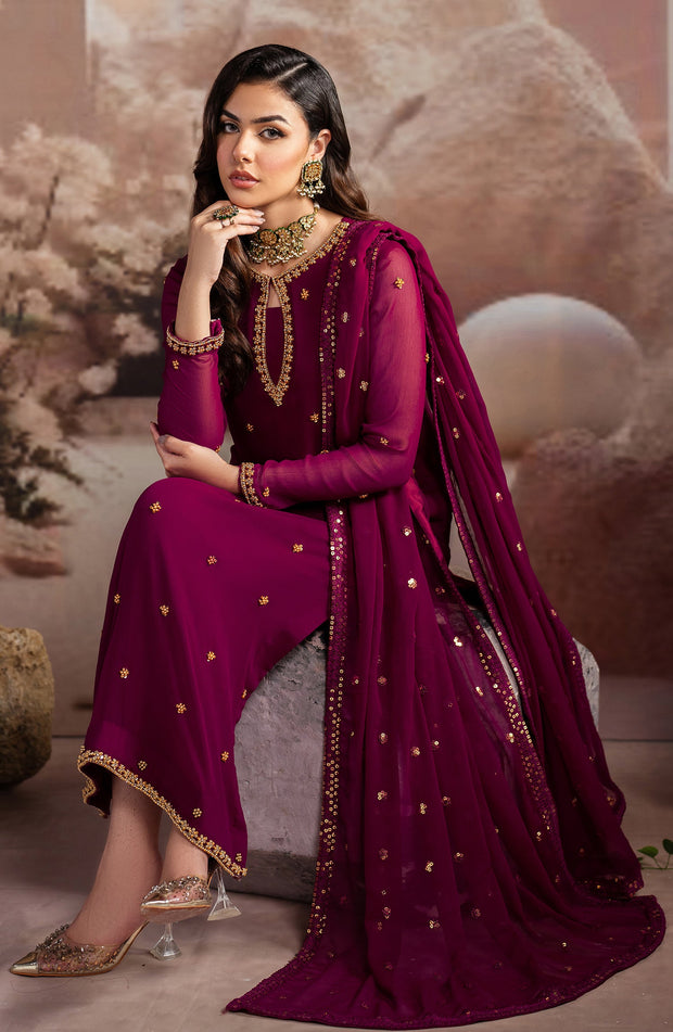 Elegant Embroidered Chiffon Suit with Raw Silk Trouser
