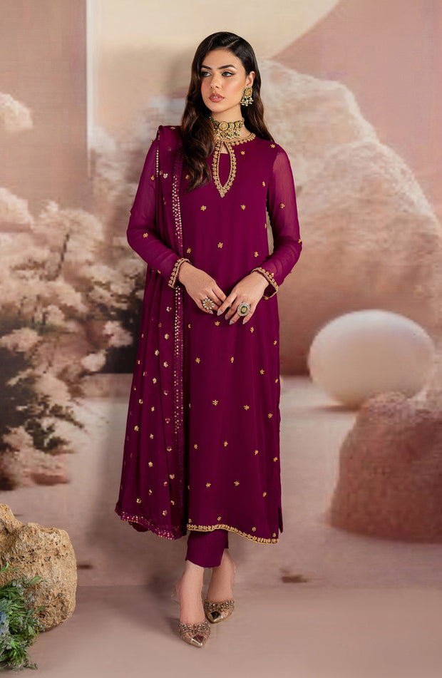 Elegant Embroidered Chiffon Suit with Raw Silk Trouser
