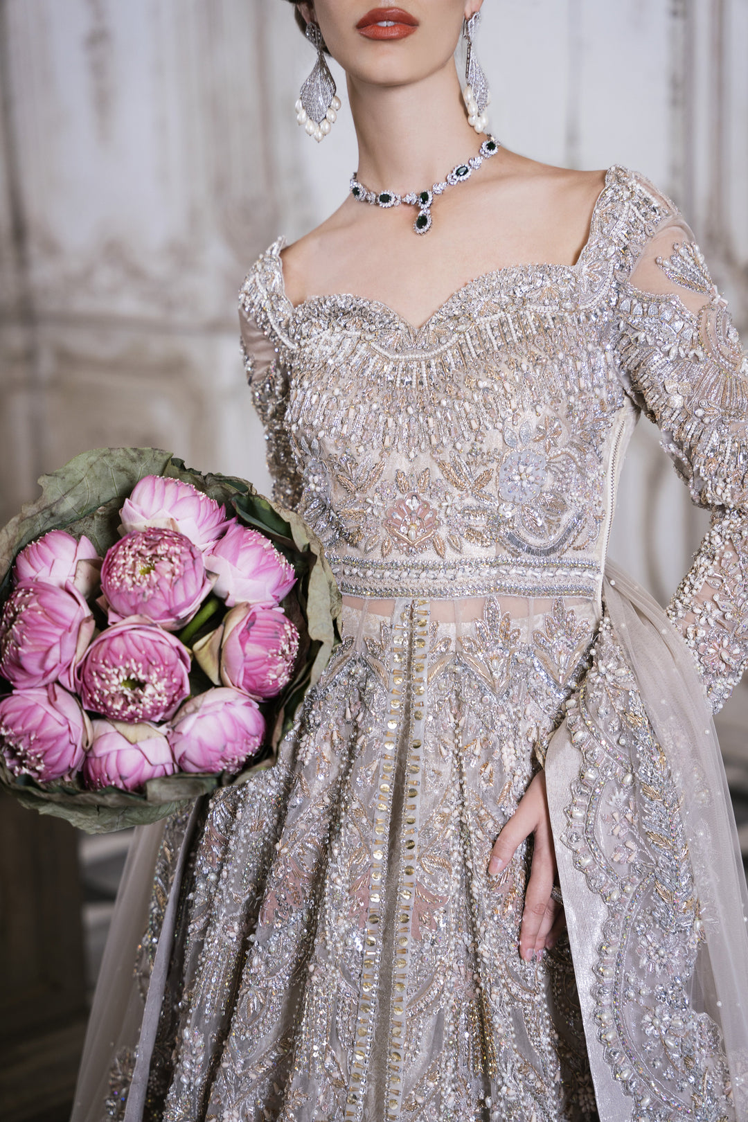 Cloud Grey Pakistani Bridal Outfit with Exquisite Embroidery