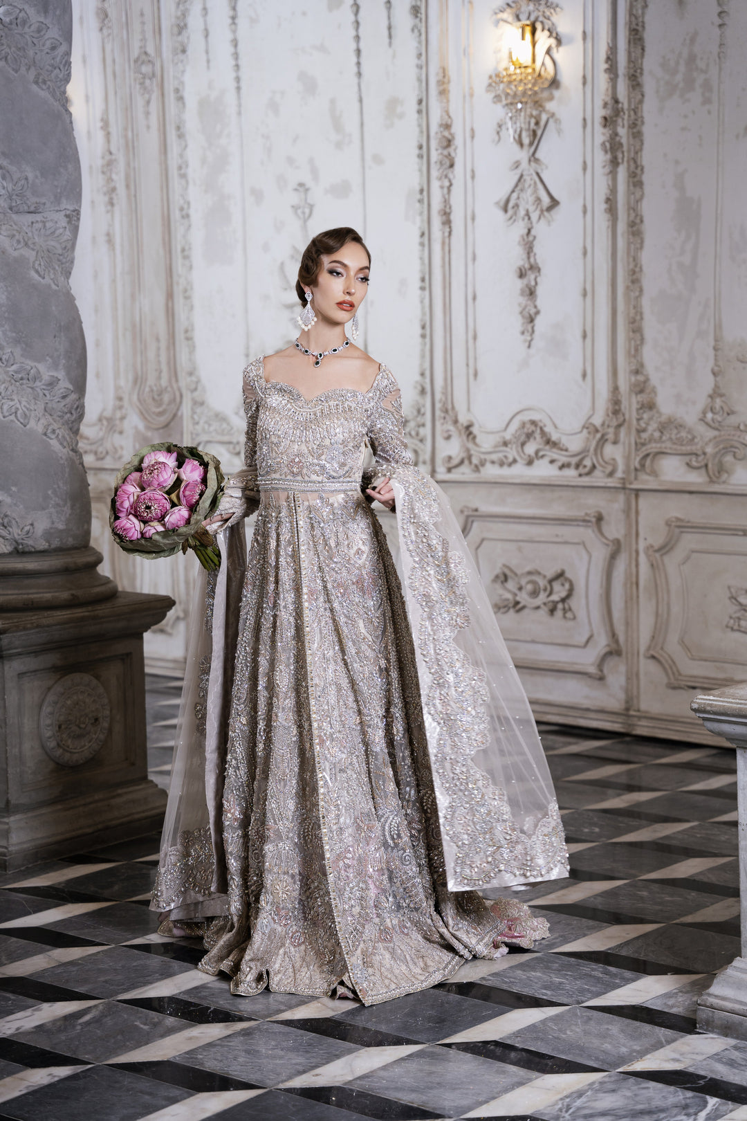 Cloud Grey Pakistani Bridal Outfit with Exquisite Embroidery