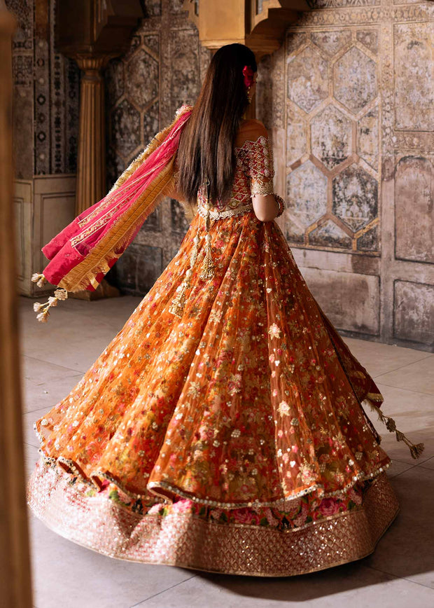 Elegant Orange Pakistani Wedding Dress with Embroidery & Dupatta