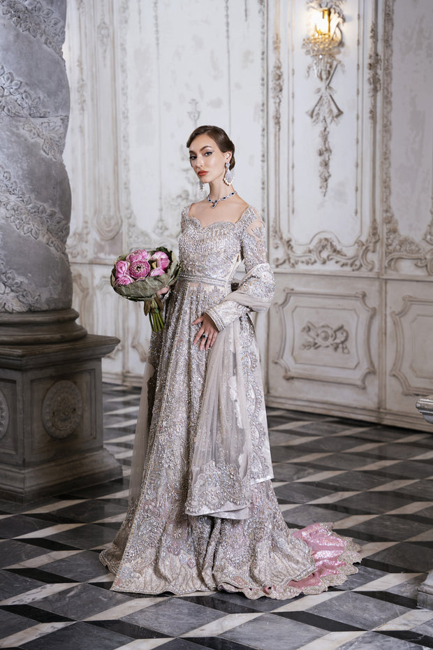 Cloud Grey Pakistani Bridal Dress with Exquisite Embroidery