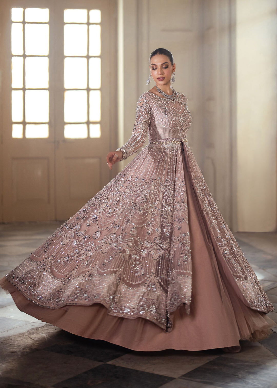 Elegant Coral Pink Pakistani Bridal Dress for Festive Occasions