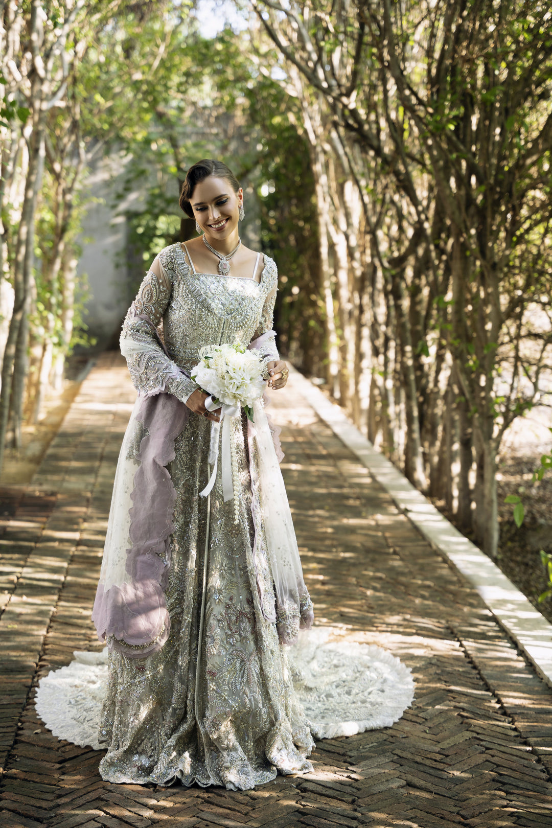 Silver Net Pakistani Bridal Outfit with Exquisite Embroidery