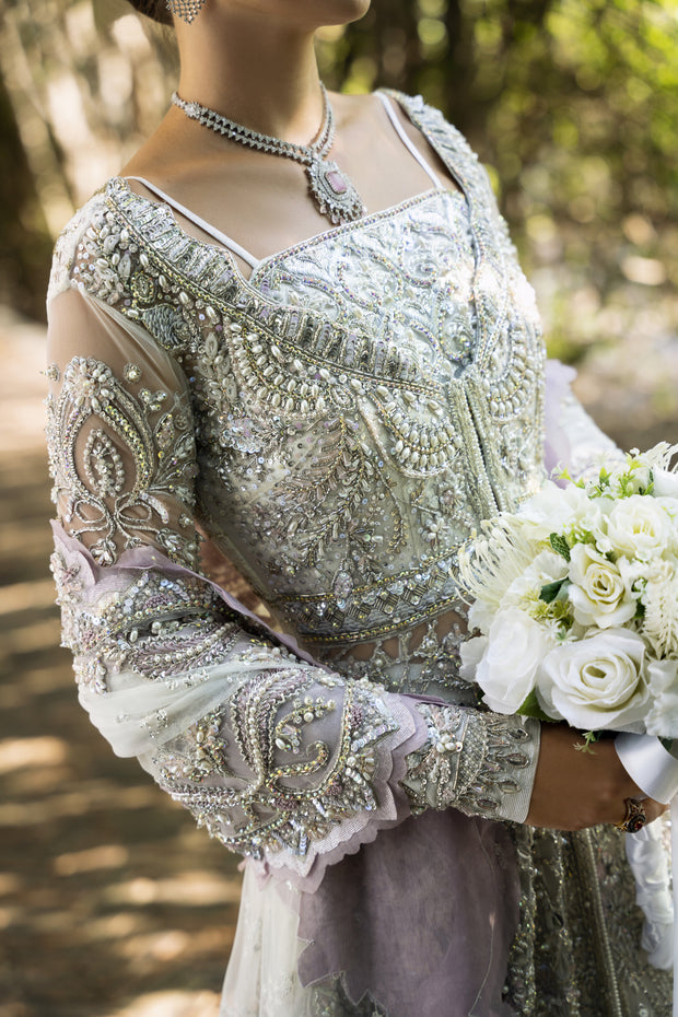 Silver Net Pakistani Bridal Dress with Exquisite Embroidery