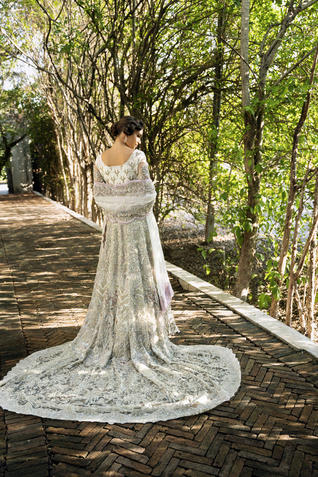 Silver Net Pakistani Bridal Dress with Exquisite Embroidery