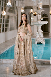 Golden Net Pakistani Bridal Dress with Exquisite Embroidery