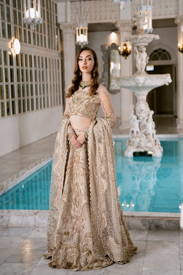 Golden Net Pakistani Bridal Dress with Exquisite Embroidery