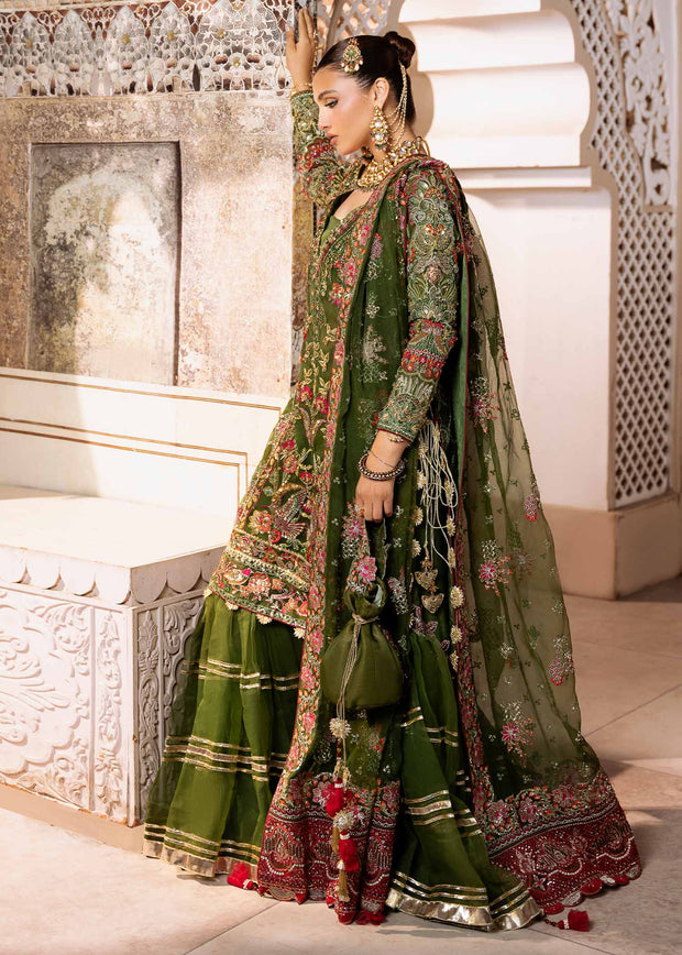 Elegant Olive Green Pakistani Wedding Dress with Embroidery