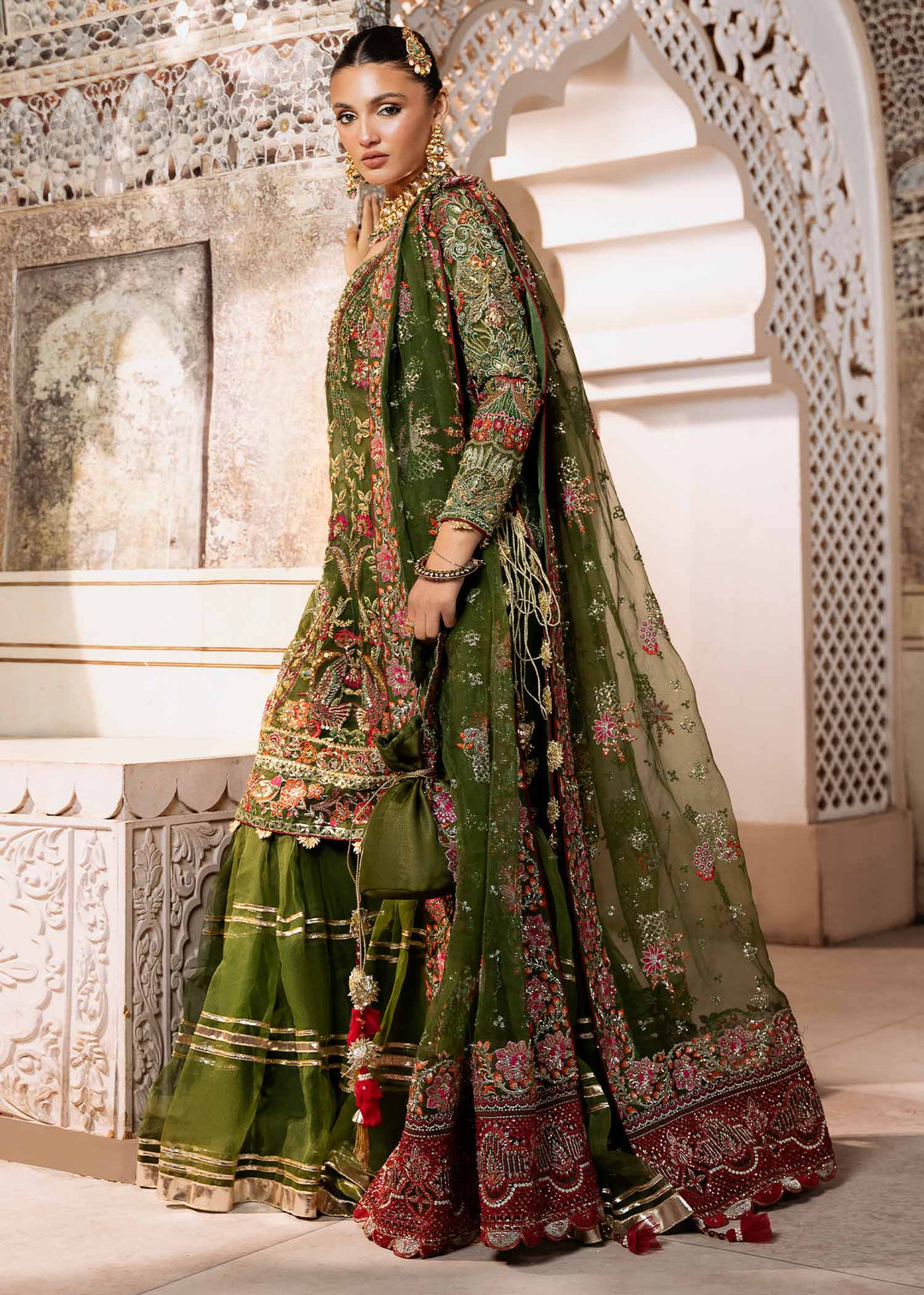 Elegant Olive Green Pakistani Wedding Dress with Embroidery XLarge