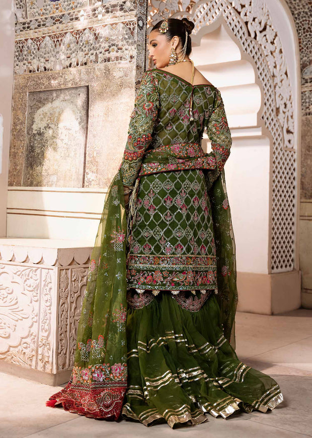 Elegant Olive Green Pakistani Wedding Dress with Embroidery