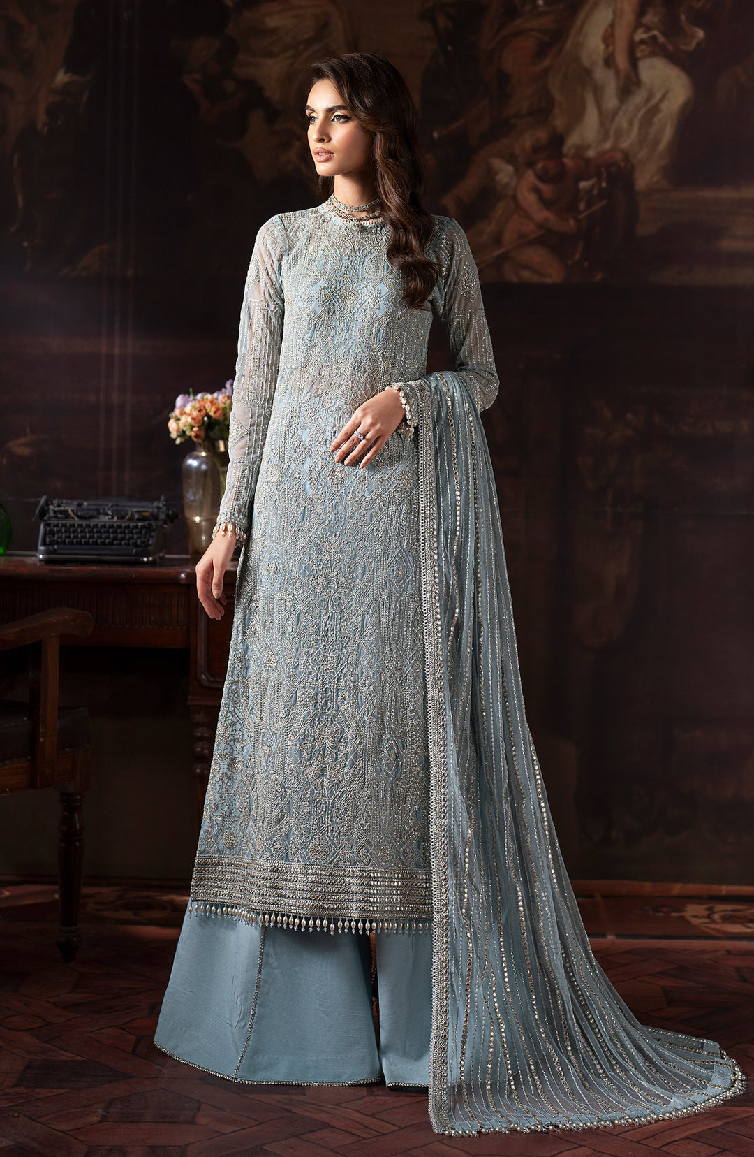 Elegant Sequins Embroidered Net Shirt & Raw Silk Sharara