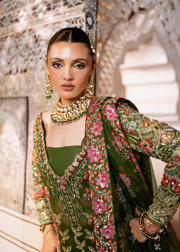 Elegant Olive Green Pakistani Wedding Dress with Embroidery