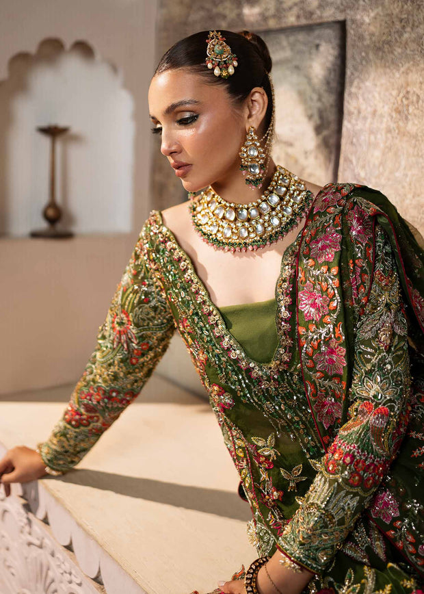 Elegant Olive Green Pakistani Wedding Dress with Embroidery