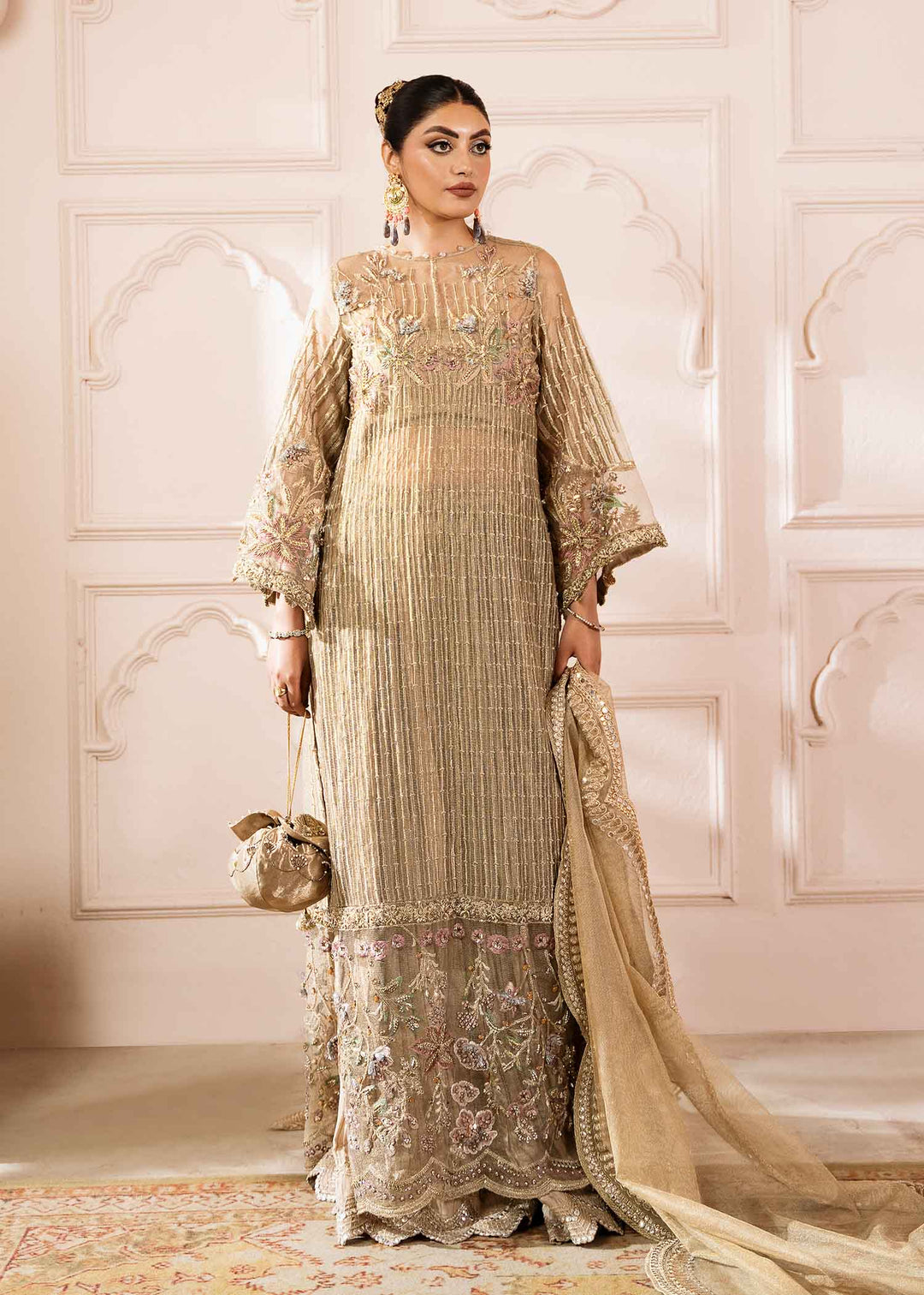 Exquisite Grey Pakistani Wedding Dress with Floral Embroidery