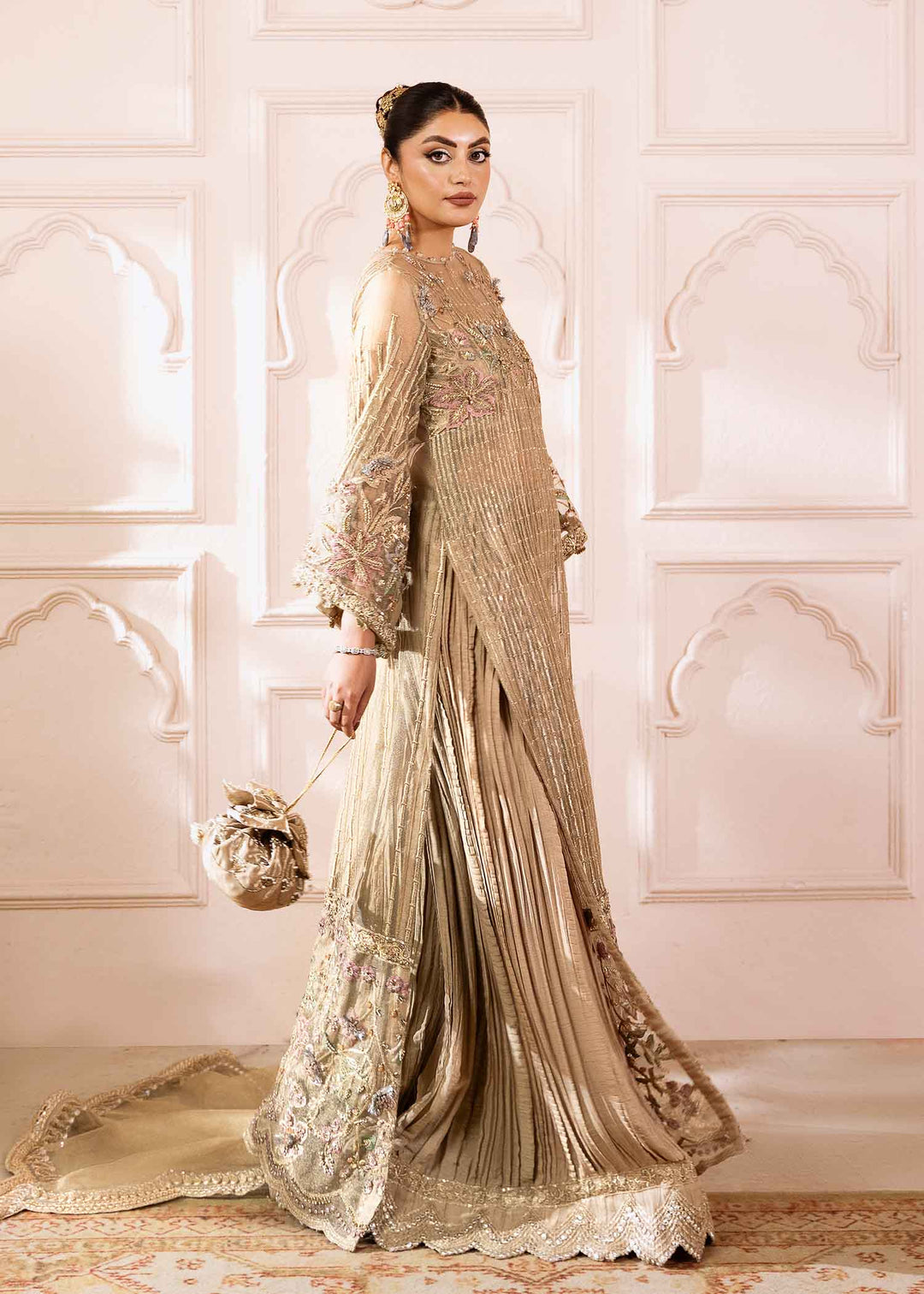 Exquisite Grey Pakistani Wedding Dress with Floral Embroidery