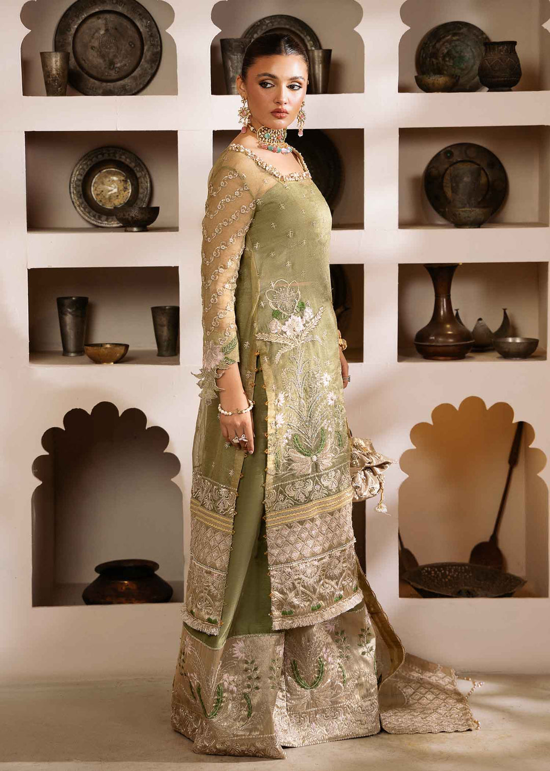 Mint Green Pakistani Wedding Dress with Floral Embroidery
