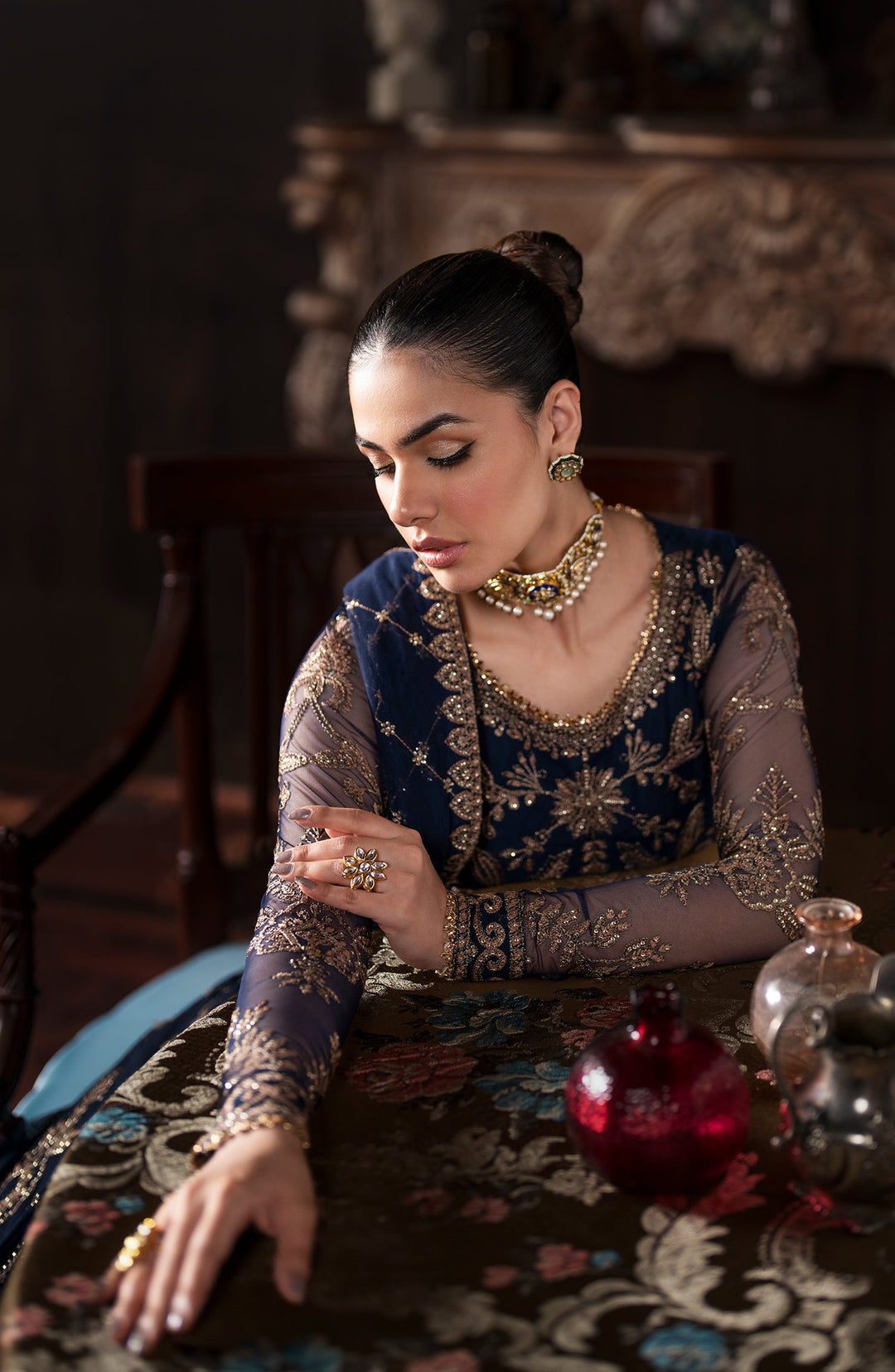 Lavish Sequins Embroidered Net Blouse with Raw Silk Trouser