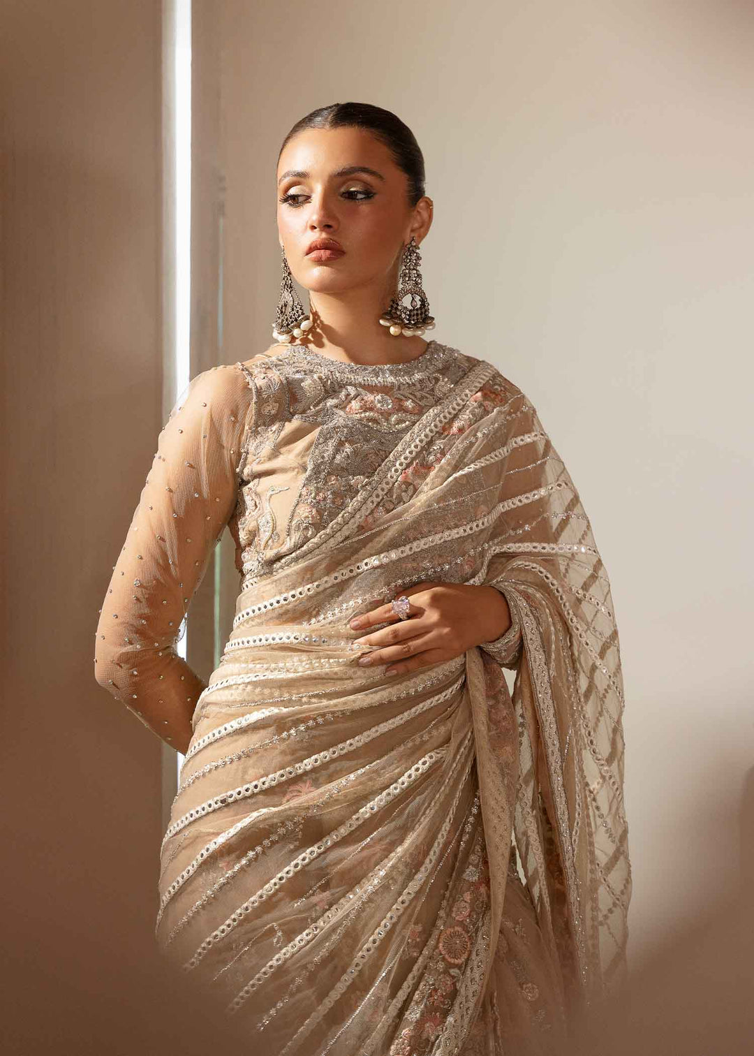 Elegant Ivory Pakistani Wedding Dress with Embroidery