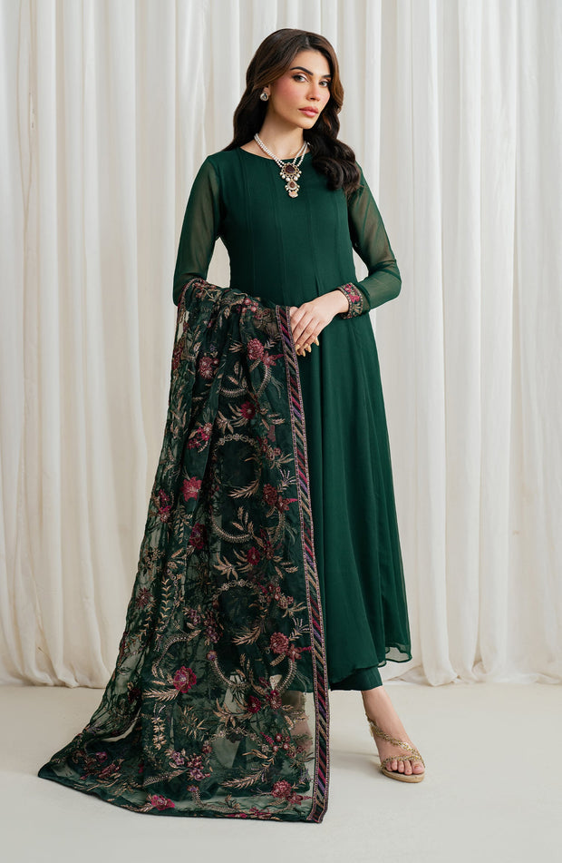 Embroidered Chiffon Frock with Trouser and Dupatta