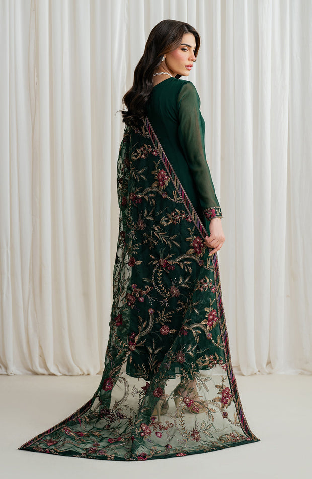 Embroidered Chiffon Frock with Trouser and Dupatta
